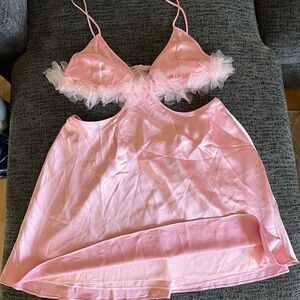 For Love And Lemons Pink cut out slip dress with ruffle detail XL